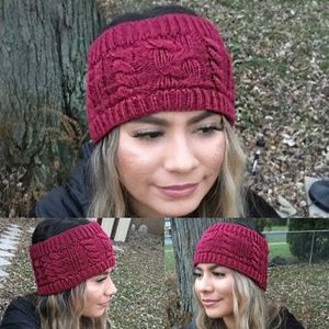 Headband Beanie with Open Slot hand kitted red